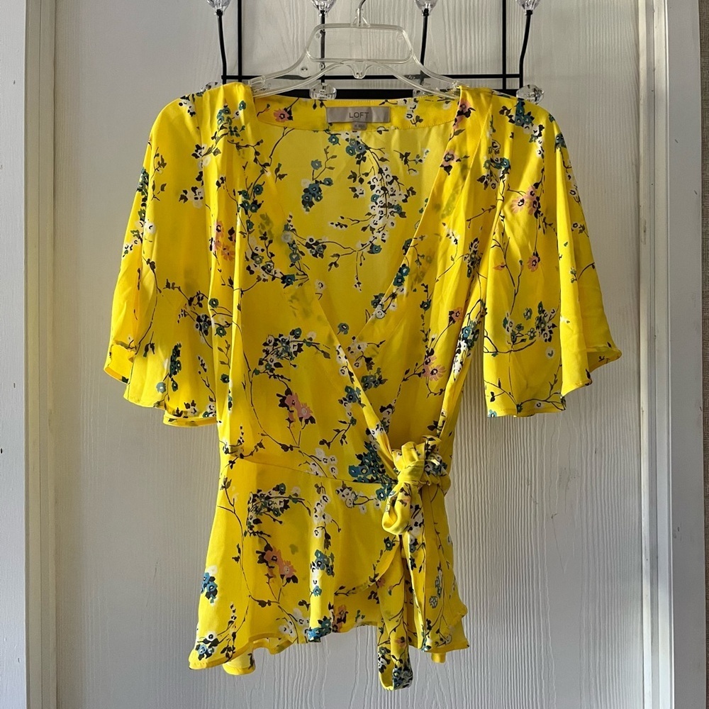 LOFT Yellow Floral Wrap-Tie Blouse - Picture 3 of 9